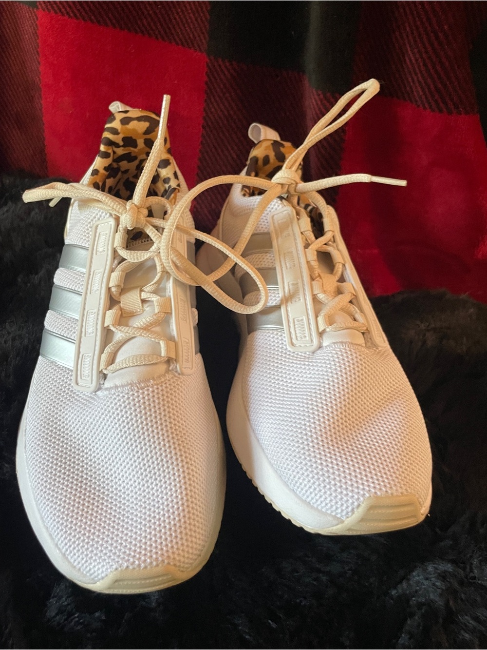 Adidas Women’s White Athletic Sneakers with Leopard Heel. Worn twice.